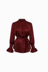Volan Detaylı Saten Gömlek  Bordo
